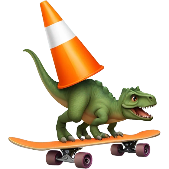 Dinosaur riding on skate with a cone on the head emoji