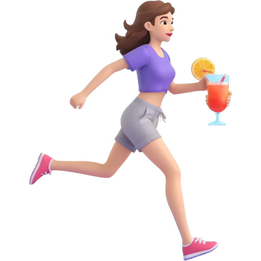 girl in casual summer clothes running along shoreline with cocktail in hand blending love for running and beach holidays emoji