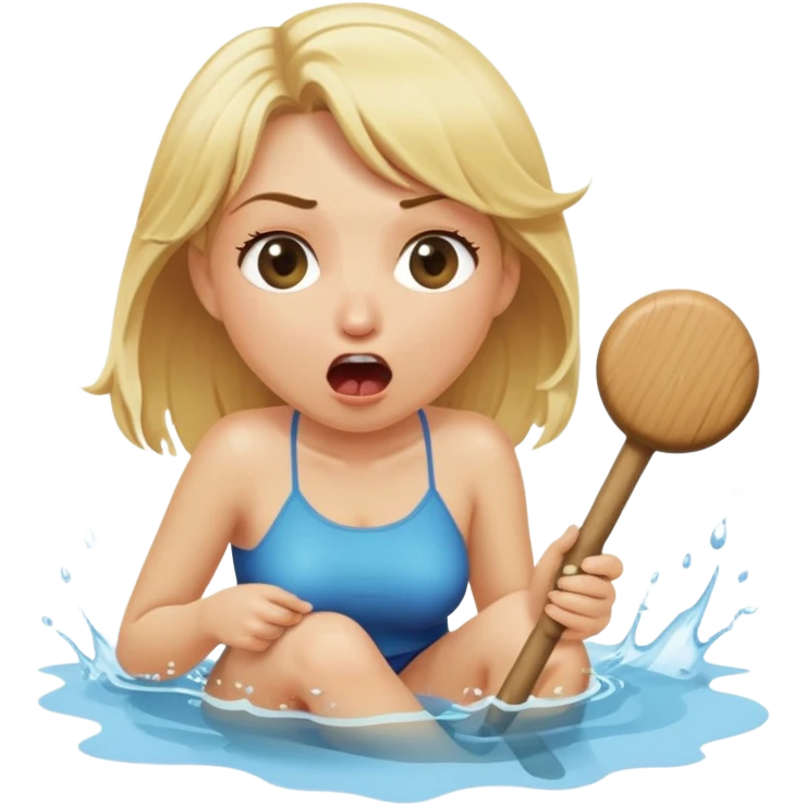 blond woman sitting on her knees, biting a wide stick with a D-shaped knob, both the same color as her skin, the knob has visible skin texture, water jet shooting from the flat side of the knob into her mouth, surprised look emoji