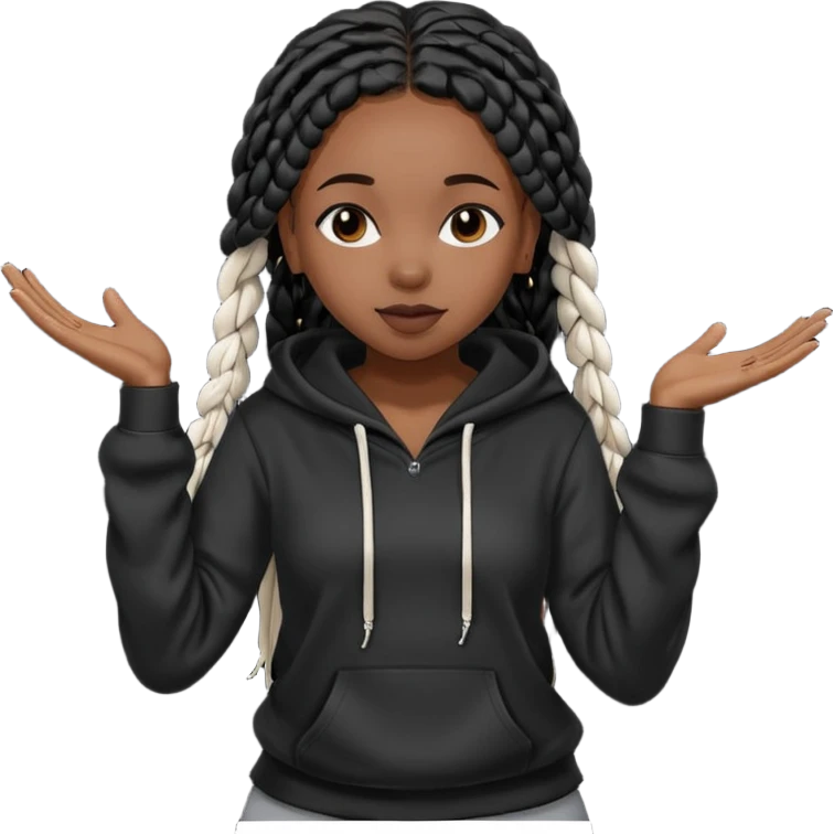 African American girl dark skin with long black box braids wearing plain black hoodie with hands dancing emoji