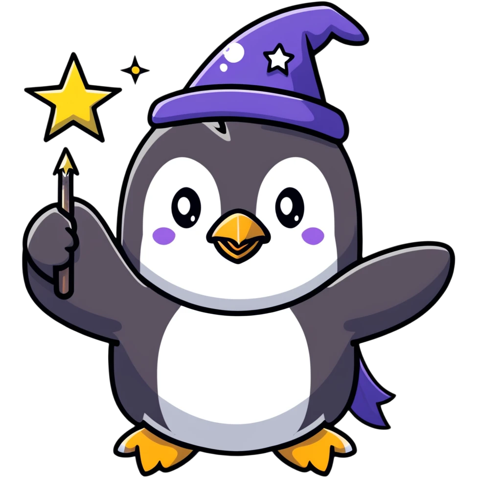A cute penguin wizard casting a spell with stars and sparkles emoji
