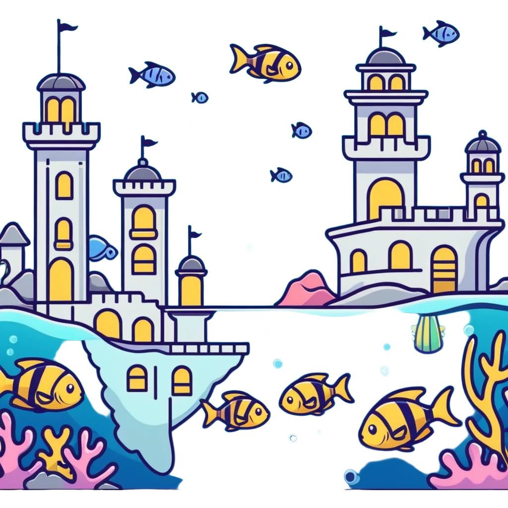 cartoonish underwater city with sparkles emoji