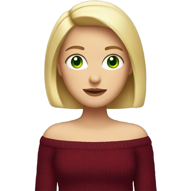 blonde girl with a bob, with green eyes, dressed in a burgundy sweater with open shoulders emoji