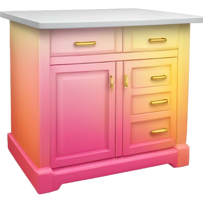 Realistic front facing pink And yellow ombre kitchen island counter with gold hardware.  emoji