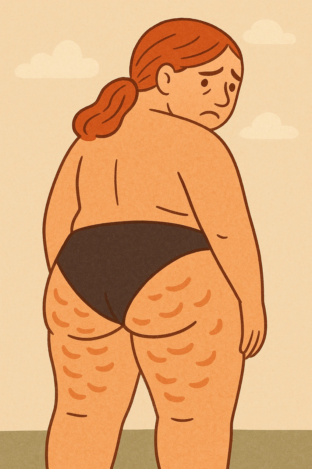 Create a cartoon version inspired by the reference photo: a woman with significant cellulite, visible face with a desperate and tired expression, similar pose to the photo, vibrant colors, light background. emoji
