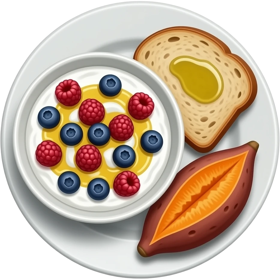 Realistic Plate with greek yogurt bowl topped with blueberries raspberries and maple syrup and sourdough slice topped with olive oil and a sweet potato on the side HD emoji