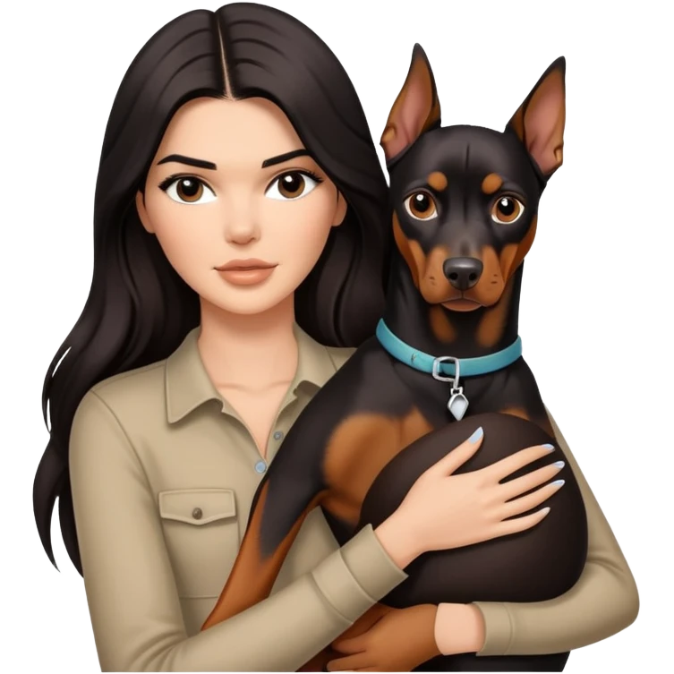 Kendall Jenner with long dark hair holds a Doberman Pinscher in her arms emoji