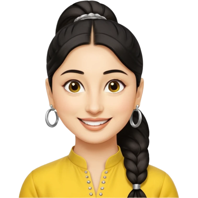 generate a pretty bratz emoji that looks like Kareena Kapoor's Geet character. 
Make her wear a yellow kurti, silver hoops, black hair in a ponytail. smiling big

She should look like Kareena Kapoor emoji
