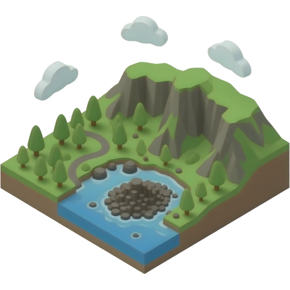3D isometric miniature emoji of Ireland landmarks, including Giant's Causeway, and a small green countryside, cute chibi style, rounded shapes, glossy vibrant colors, soft lighting, tiny diorama, minimal background emoji