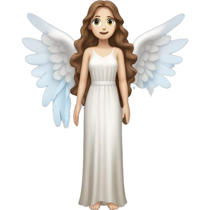 Full length white woman with brown hair dressed as a beautiful angel with wings and a long flowy dress and blue eyes emoji