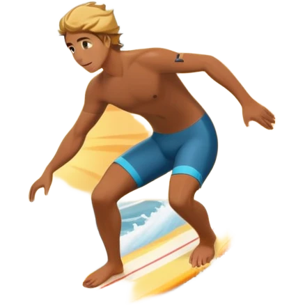 A surfer riding a large wave, skillfully balancing on their board as the ocean crashes around them. The scene captures the energy and excitement of surfing, with the sun setting in the background and the water sparkling under the light. emoji