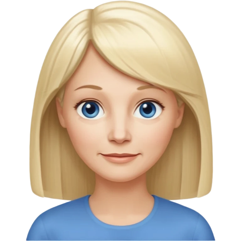 50 yr old white woman, hippe part bangs, very long straight blond hair, oval face, small smile, blue eyes, thin face, hair downback, hair parted at center of head, round cheeks, pale, longer hair emoji
