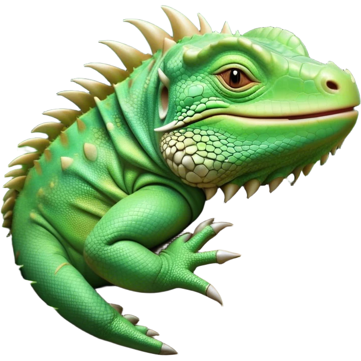 Meme-Worthy Cute Sleeping Iguana Portrait Emoji, Head resting peacefully with a contented smile, showcasing a solid, textured body with a subdued spiky crest and eyes gently closed in serene slumber, Simplified yet adorably endearing features, highly detailed, glowing with a soft, drowsy jungle light, high shine, relaxed and utterly lovable, stylized with an air of playful laziness, soft glowing outline, capturing the essence of a sleeping iguana that feels destined to become the next viral icon of adorable rest! emoji