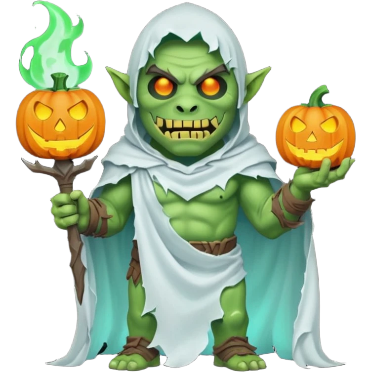 male orc warrior ghost emoji, green skin, tusks, wearing torn white ghost sheet costume, holding glowing jack-o'-lantern, faint blue aura, friendly but spooky expression, Halloween fantasy theme, Apple emoji style, clean white background, square emoji