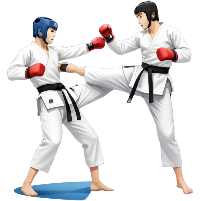 Two taekwondo fighters in traditional white doboks with black belts compete in a dynamic match. One delivers a high kick, while the other blocks using their knee. The background features a professional arena with bright lights and spectators. Transparent background. emoji