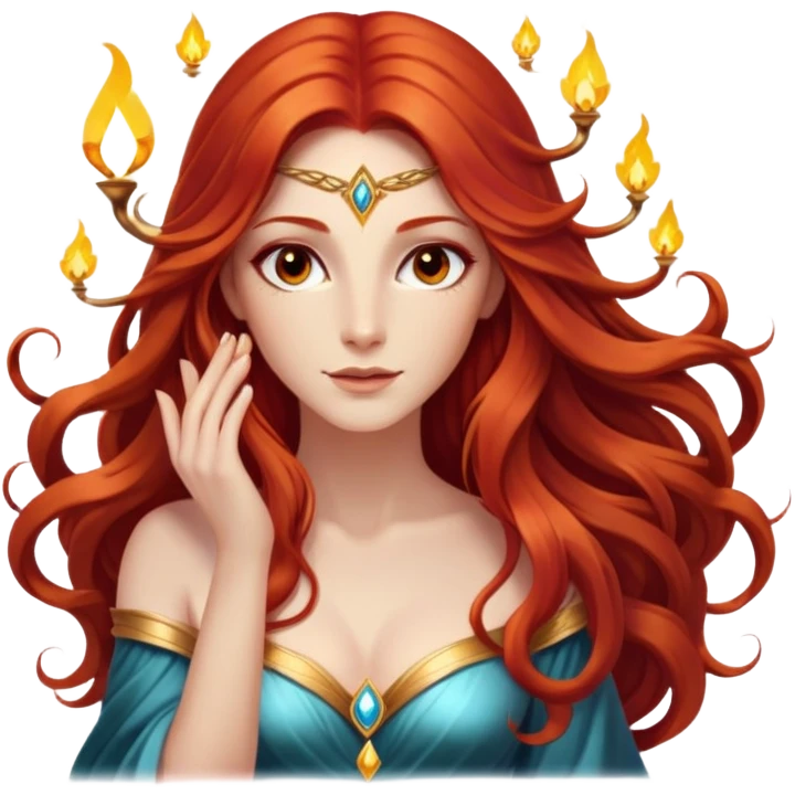   Very Magic God Fee femme avec des cheveux très long roux, yeux marrons belle comme une déesse avec un beau corps qui a de la magie tout autour d’elle  emoji