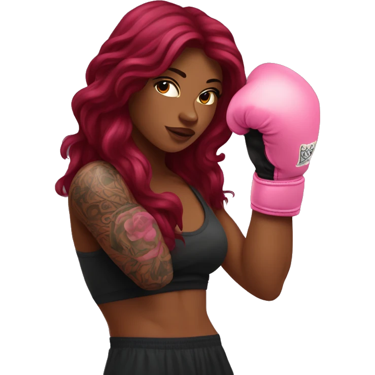 Beautiful tattooed  burgundy long haired woman boxing with pink gloves emoji