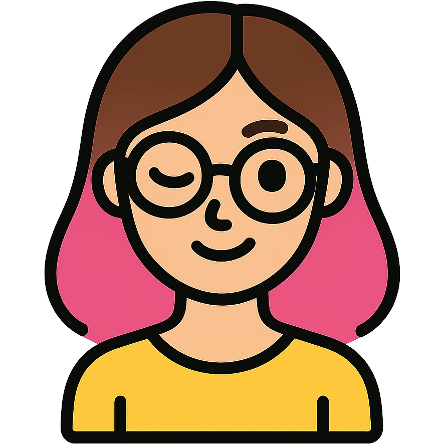 woman with gradient hair from dark to pink with glasses, brown roots, brown eyebrow, flirting emoji