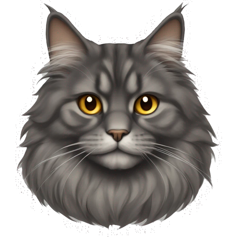 A Persian-Maine Coon mix with a thick, smoky-gray coat, round amber eyes, a flat, expressive face, and small, rounded ears. The fur is dense and fluffy, giving a plush and majestic appearance. emoji