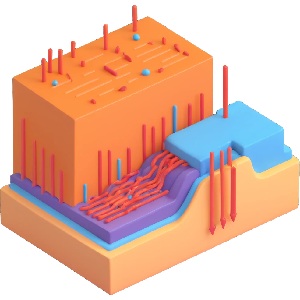 simplified 3D diagram of a cell membrane with double phospholipid layer, a single channel protein, arrows or particles showing transport through the channel, easy to understand, educational style emoji