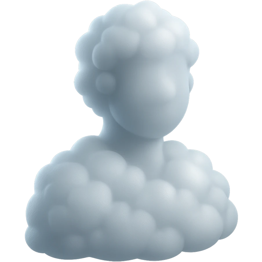 person made of white voluminous clouds, shoulder up, front view, matte glass style emoji