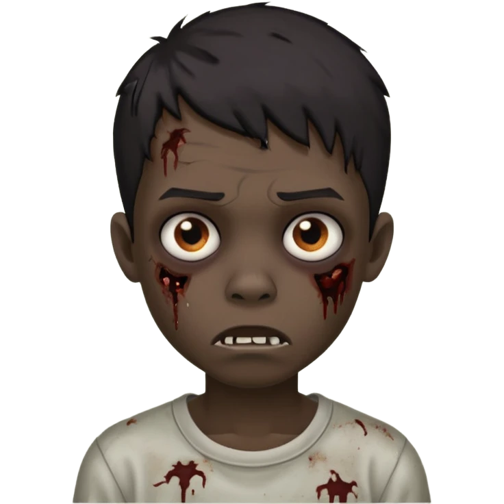 Make a boy zombie with a dark skin and short black hair 4c, spook and creepy expression emoji emoji