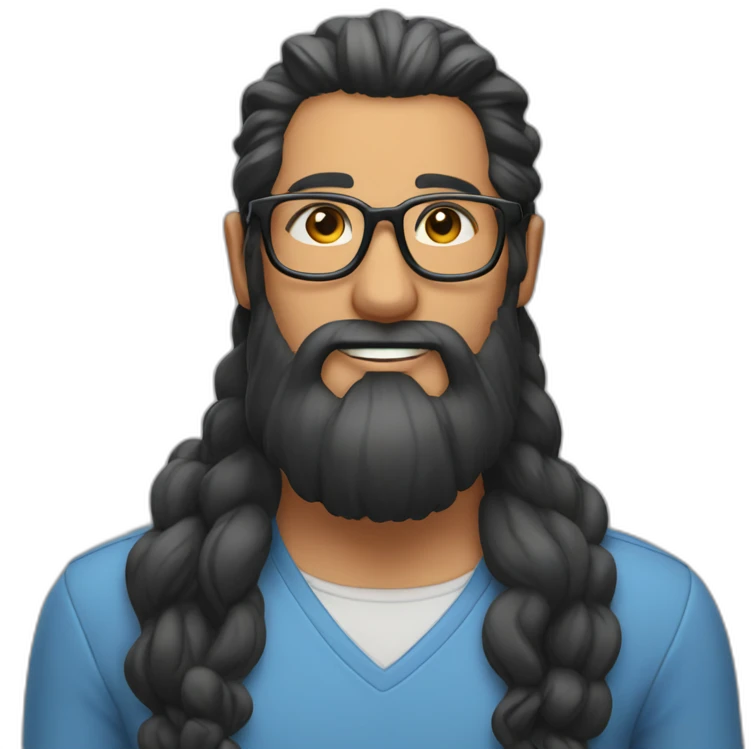 Man with long black and White beard long hair in ponytail and glasses emoji