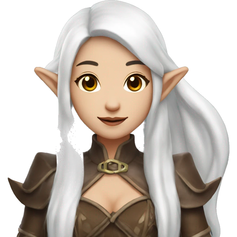 Asian feminine full body slim long white hair elf leather costume emoji