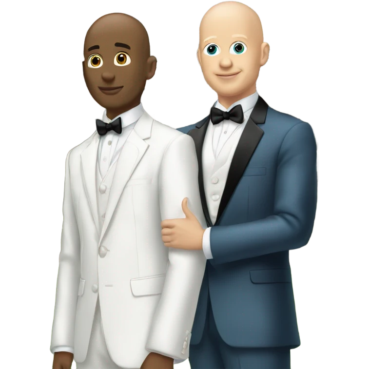 Two twin bald white men going to prom together posing with one of them behind and holding the one in front  emoji