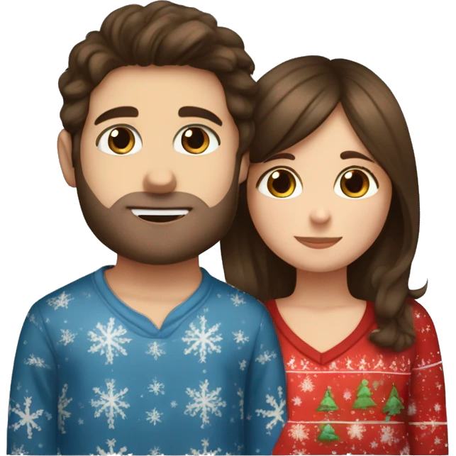 Brown hair girl with blue eyes kiss boy with dark hair and brown eyes the are wearing Christmas pijamas emoji