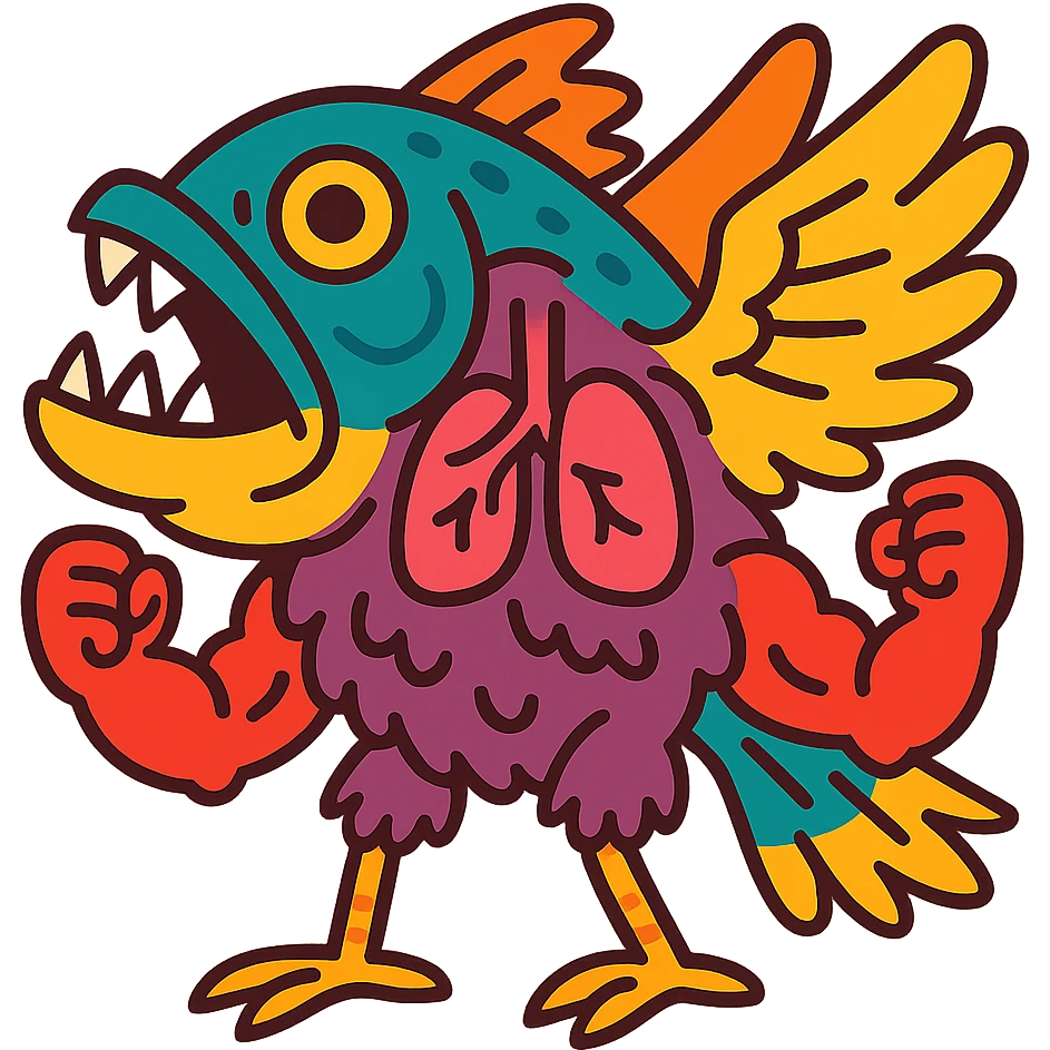 piranha with feathered wings, bird feet, visible lungs, furry body, muscular arms, vibrant cartoon style emoji