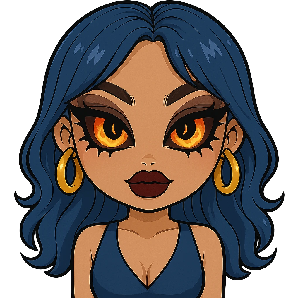 Make her eyes much scarier while keeping a nice and cute look, gyaru style, blue hair, pretty makeup, bratz baddie vibe, emoji style, with no background. emoji