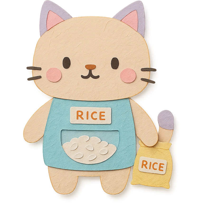chibi rice dispenser cat standing with a tiny rice bag, soft pastel colors, full-body emoji