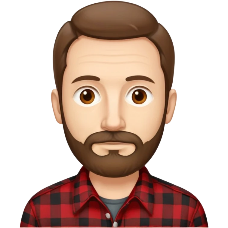 Thin man in his 50s with light complexion. Narrow face with pronounced cheekbones. Unkempt brown hair sticking up in places. Scruffy, uneven brown beard. Wearing a red and black checkered flannel shirt that hangs loosely on his lean body. emoji