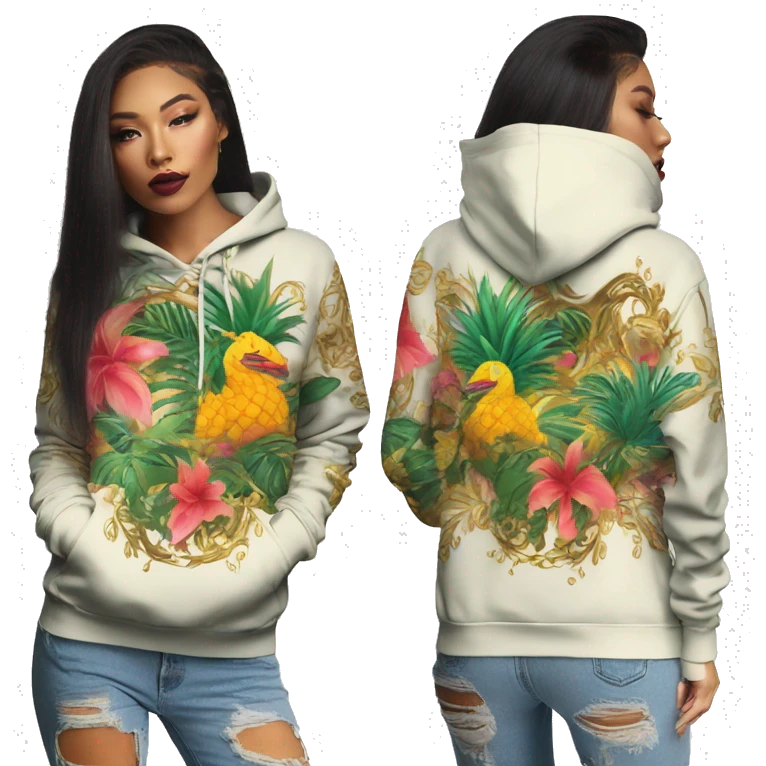 Trendy lady tropical multicoloured baroque hoodie with tattoos and gold chain emoji