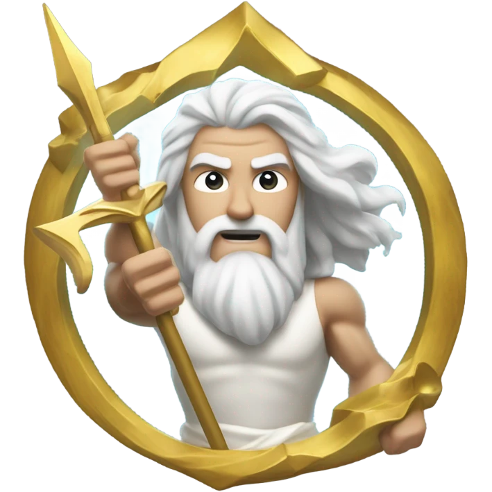 white man Poseidon with gold Trident. long white hair white dress. show biceps emoji