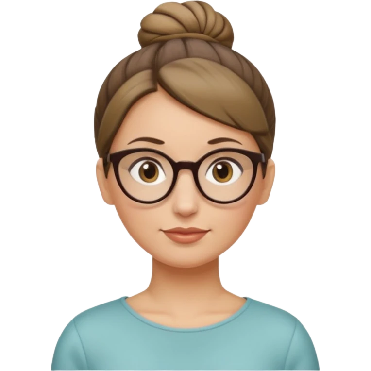 femme de 38 ans avec des cheveux blond foncé sans mèche devant, un chignon haut, yeux bruns, lunettes rondes, visage ovale emoji