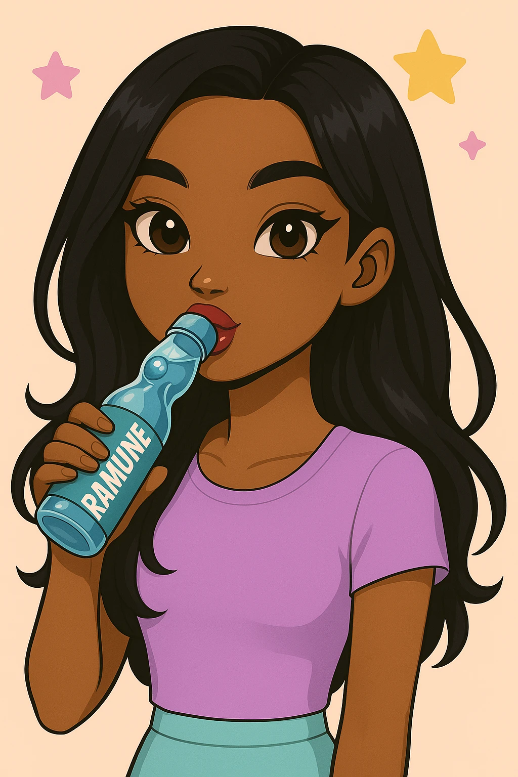 Change her pose to drinking blue Ramune soda from the classic glass bottle, headshot only, 20-year-old anime Bratz style woman with dark skin, straight hair, trendy outfit, big expressive eyes, glossy lips, no hat, no tears, happy expression, both eyes open, looking straight ahead. emoji