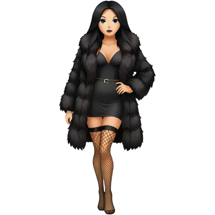 fur coat covered and fishnets legs, black long hair tanned woman, full body emoji
