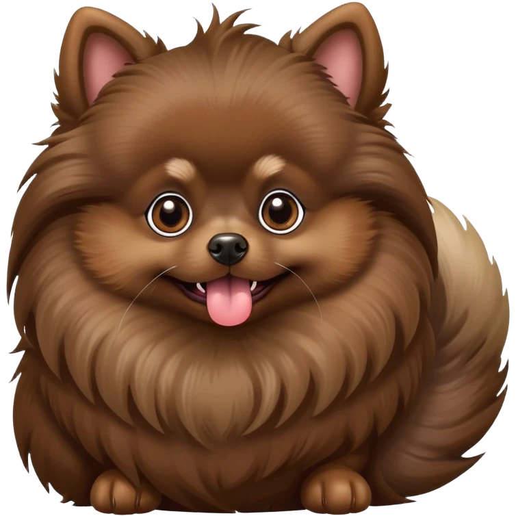Dark brown Pomeranian.Ears pointed and tongue hanging out.Ears pointed.Tail curled like a snail.  emoji