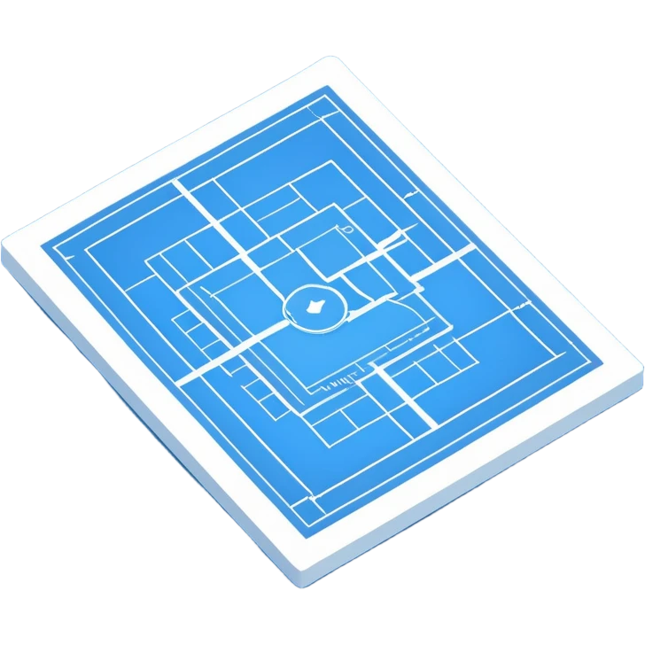 blue blueprint plan with white lines and shaded objects, isometric angle emoji