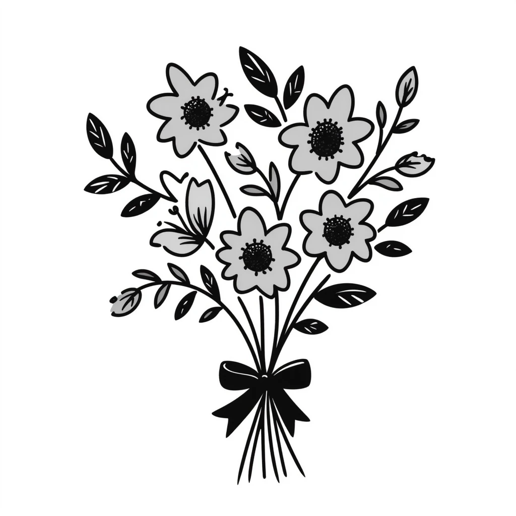 A beautiful bouquet of mixed flowers with ribbon in pastel colors (dd9fb0, ffc6d3, a3bfc9, c4bee2, f1b091), hand-drawn doodle style emoji