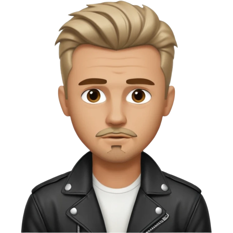 guy with slick James dean hair with front tendrils, mustache and goatee facial hair, wearing a white shirt and a black leather jacket , several silver piercings in ear emoji