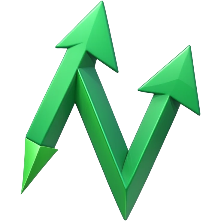 iOS-style 3D emoji: a glossy green arrow curving upward, attached to a jagged rising line chart, with smooth gradients and soft shadow emoji