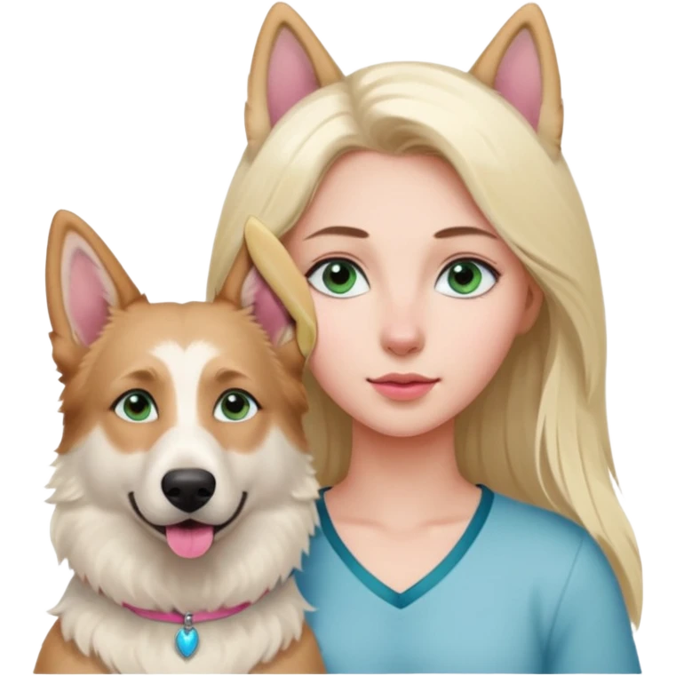 White European young woman with blue-green eyes and long blond hair with her white German Shepherd dog,the Dog hast a pink nose and short fur  and Brown eyes emoji