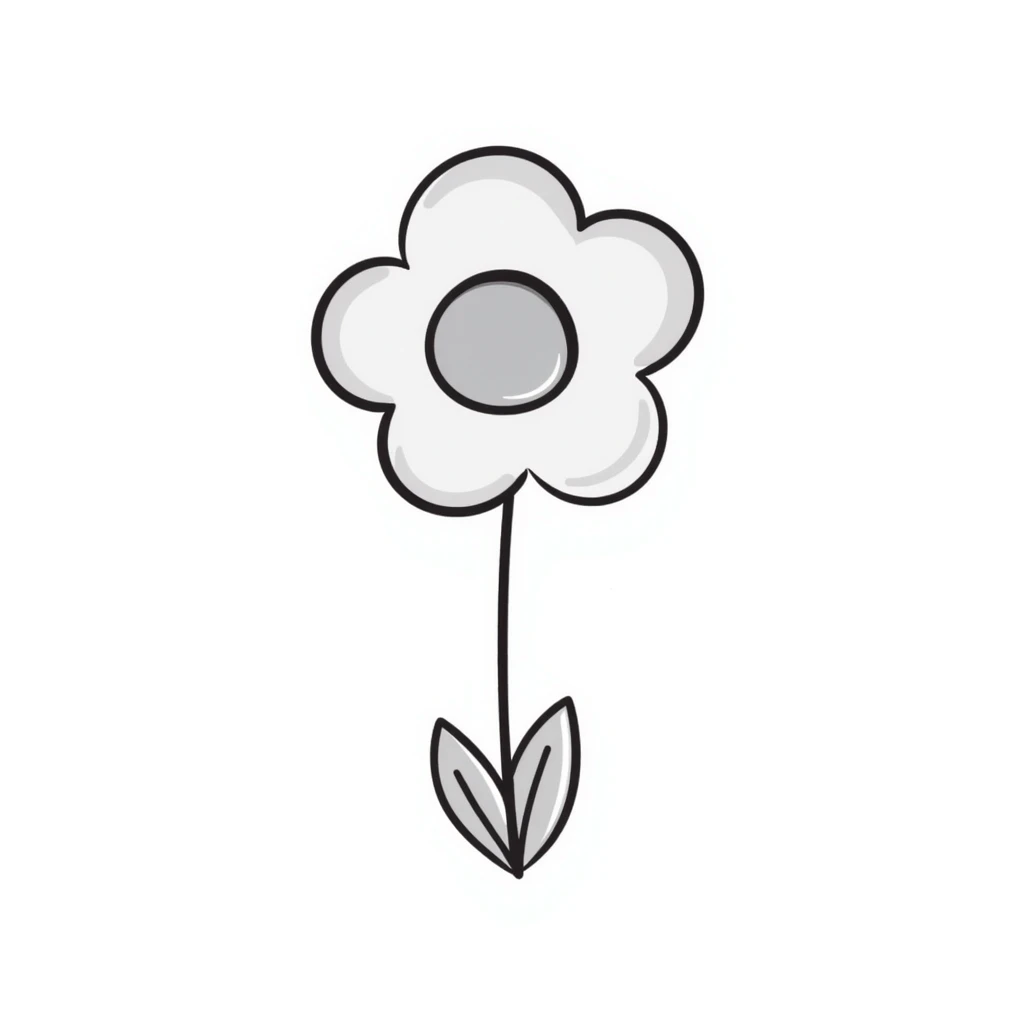 a single flower with petals, stem, and leaves in pastel colors dd9fb0, ffc6d3, a3bfc9, c4bee2, f1b091, detailed hand-drawn doodle style emoji