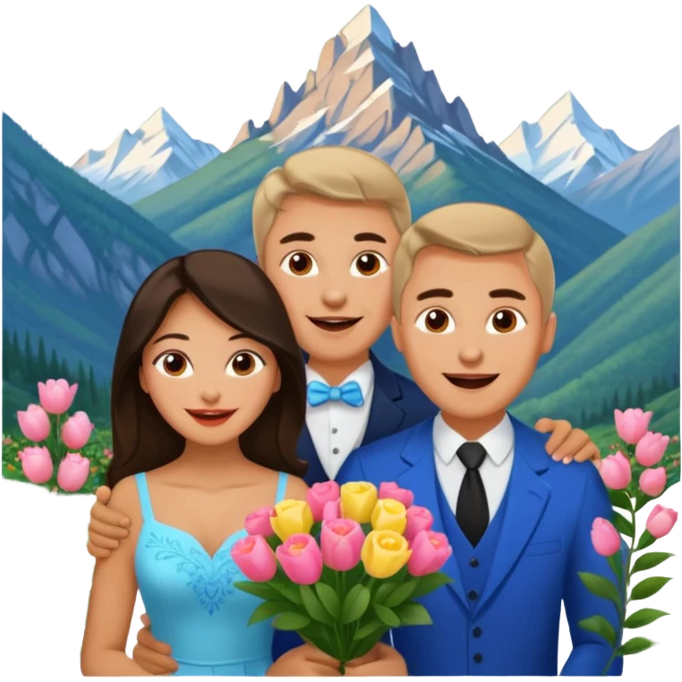 Excited Couple traveling  russian man and elegant  Latina girl delicate flowers and mountains in the background  emoji
