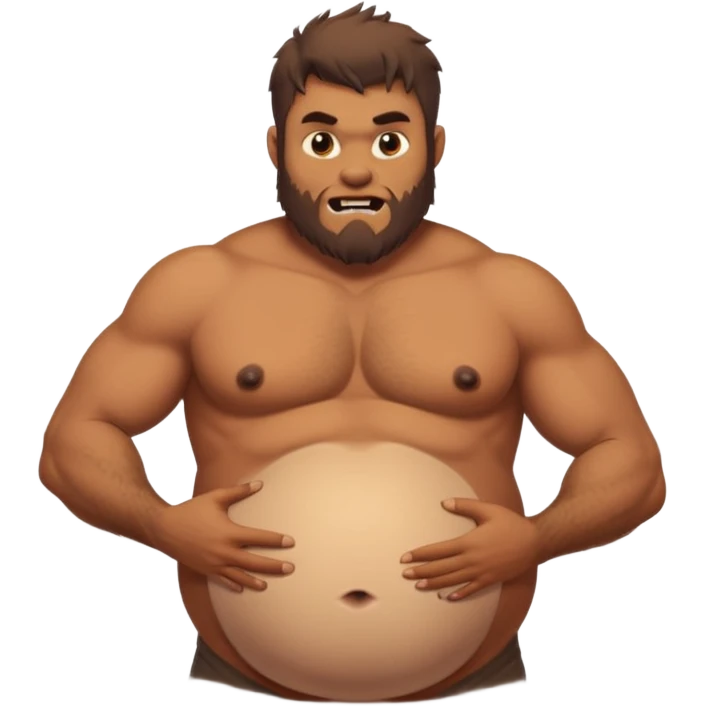 A shirtless pregnant burly male werewolf holding his pregnant belly, he has plump moobs and lactating nipples  emoji