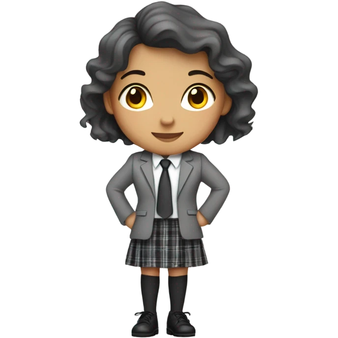 A girl wearing a grey blazer a grey tie a white black tights black shoue and a plaid skirt  emoji