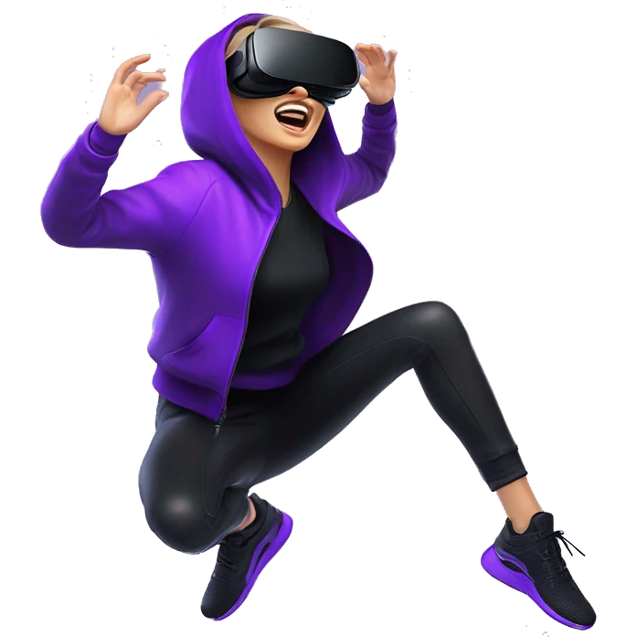 Russian girl wearing black hoody with violet letters "OMG", in vr headset oculus quest2. jumping. Cyberpunk style. Violet neon. emoji